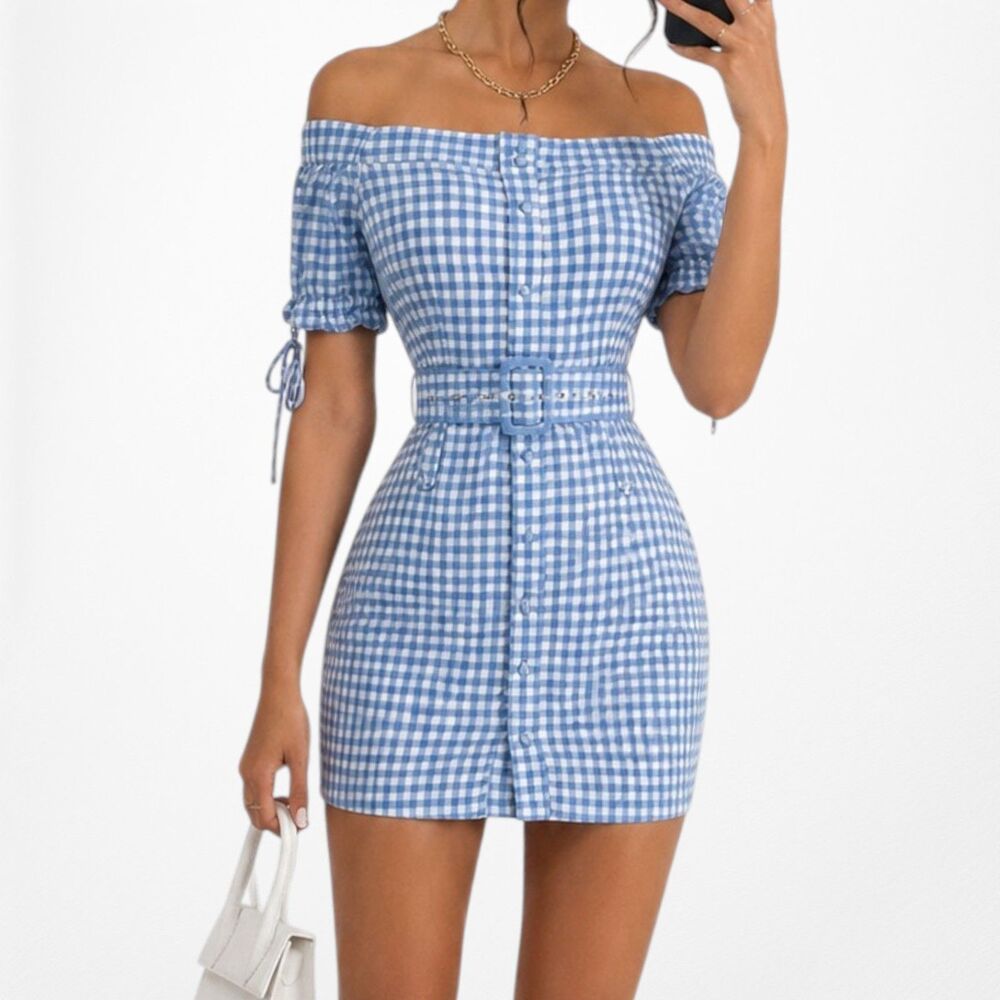 Vintage Y2K Blue Off The Shoulder Checkered Plaid Puffy Sleeve Mini Dress Size S